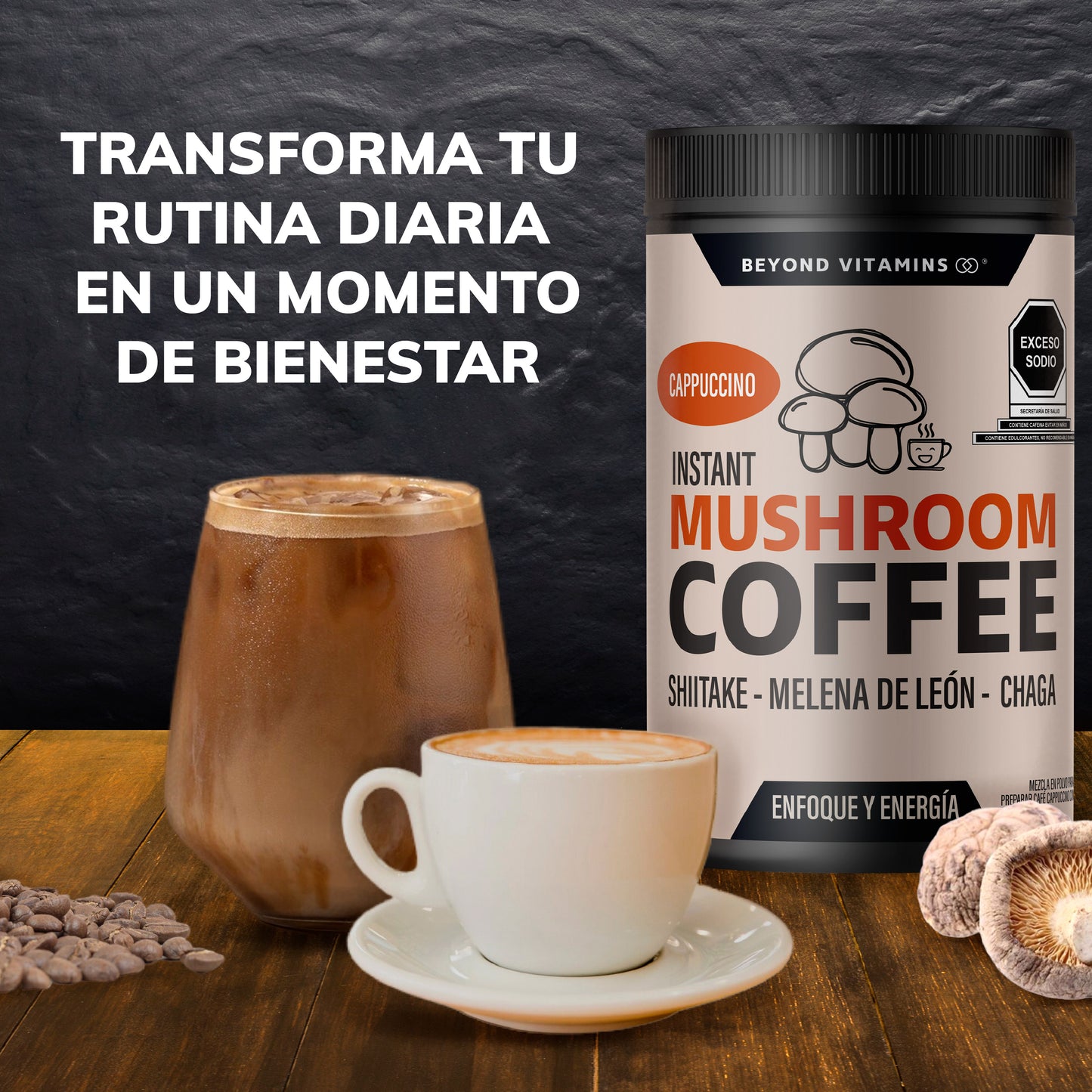 Café Soluble con Hongos Melena de León, Shiitake y Chaga - 27 porciones - Sabor Cappuccino