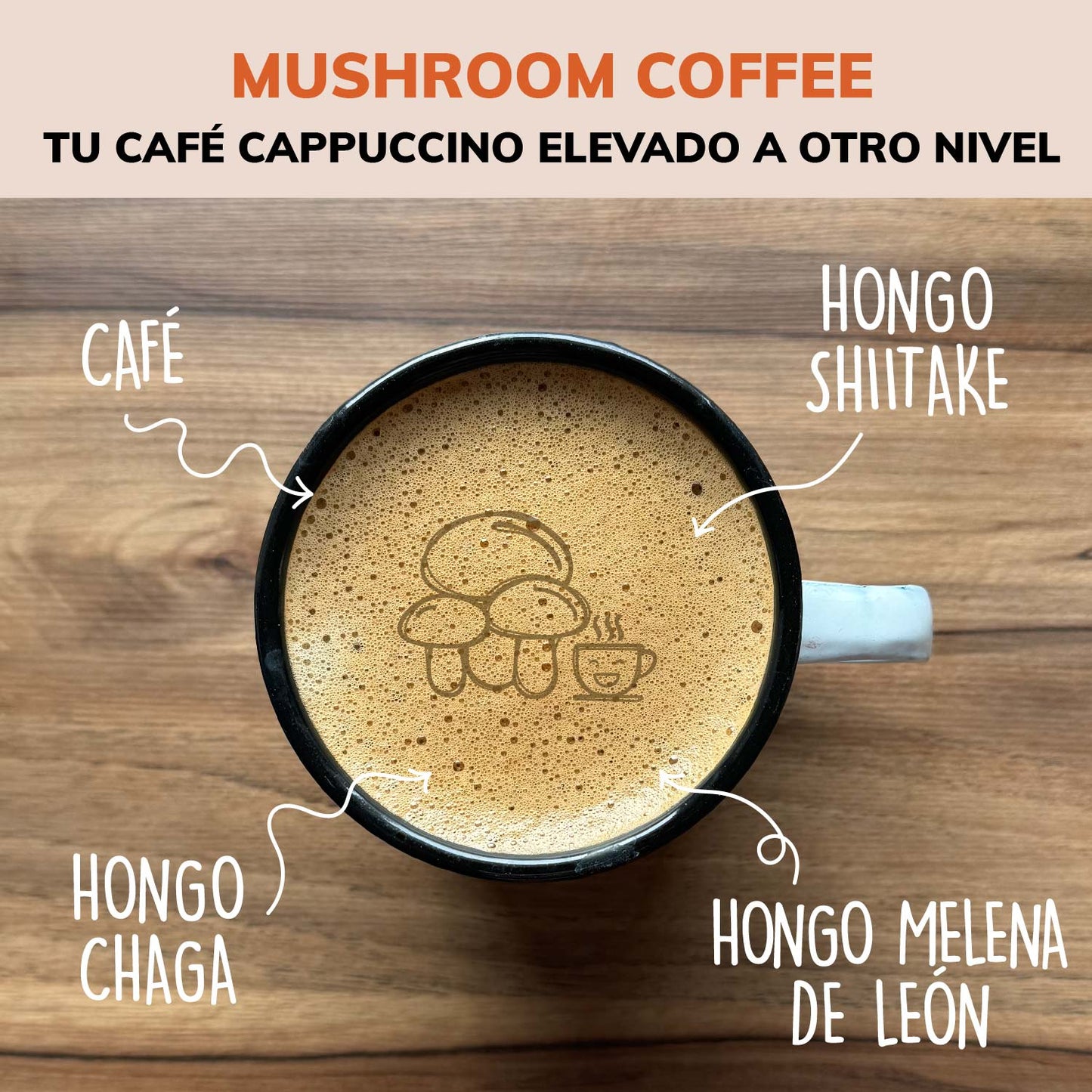 Café Soluble con Hongos Melena de León, Shiitake y Chaga - 27 porciones - Sabor Cappuccino
