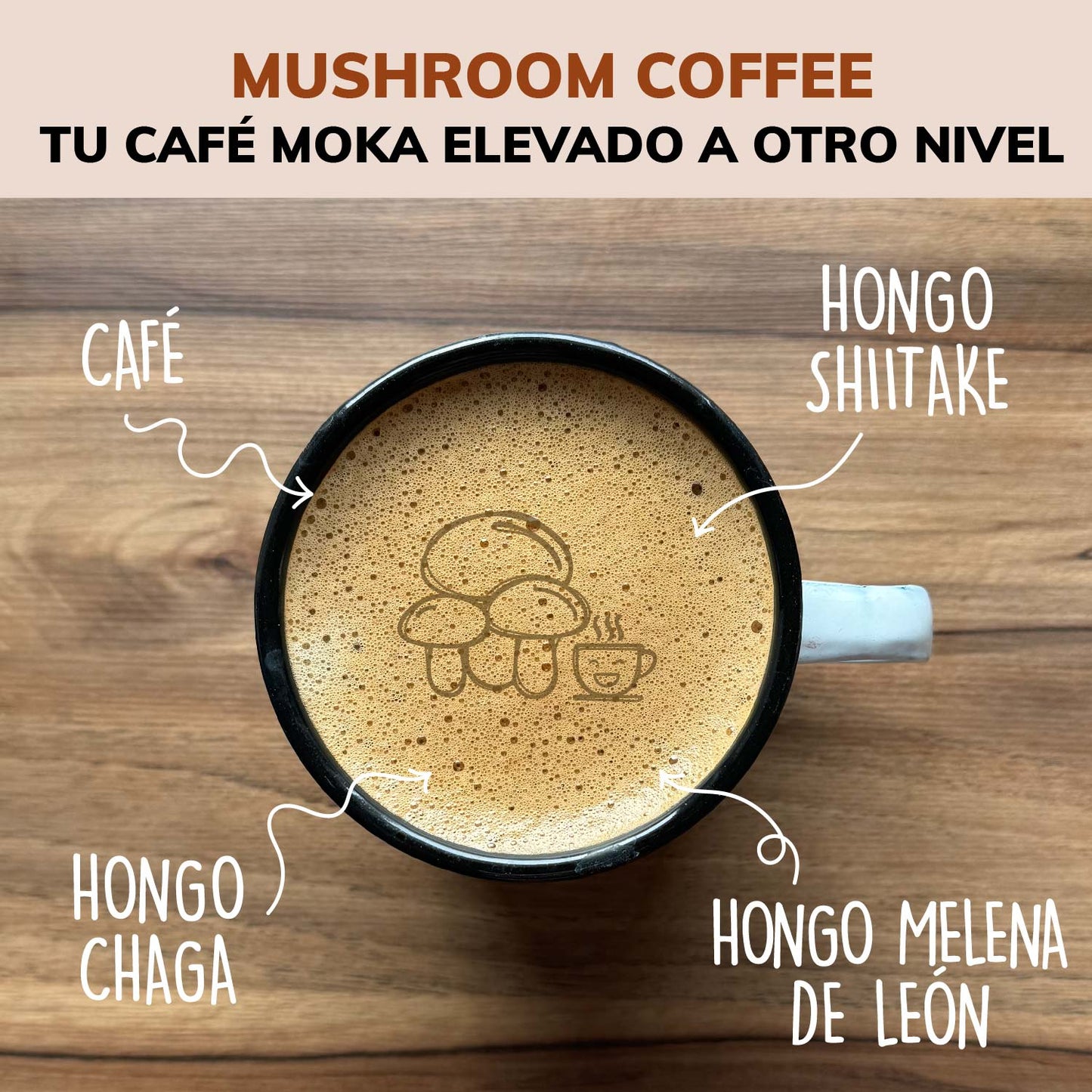 Café Soluble con Hongos Melena de León, Shiitake y Chaga - 27 porciones - Sabor Moka