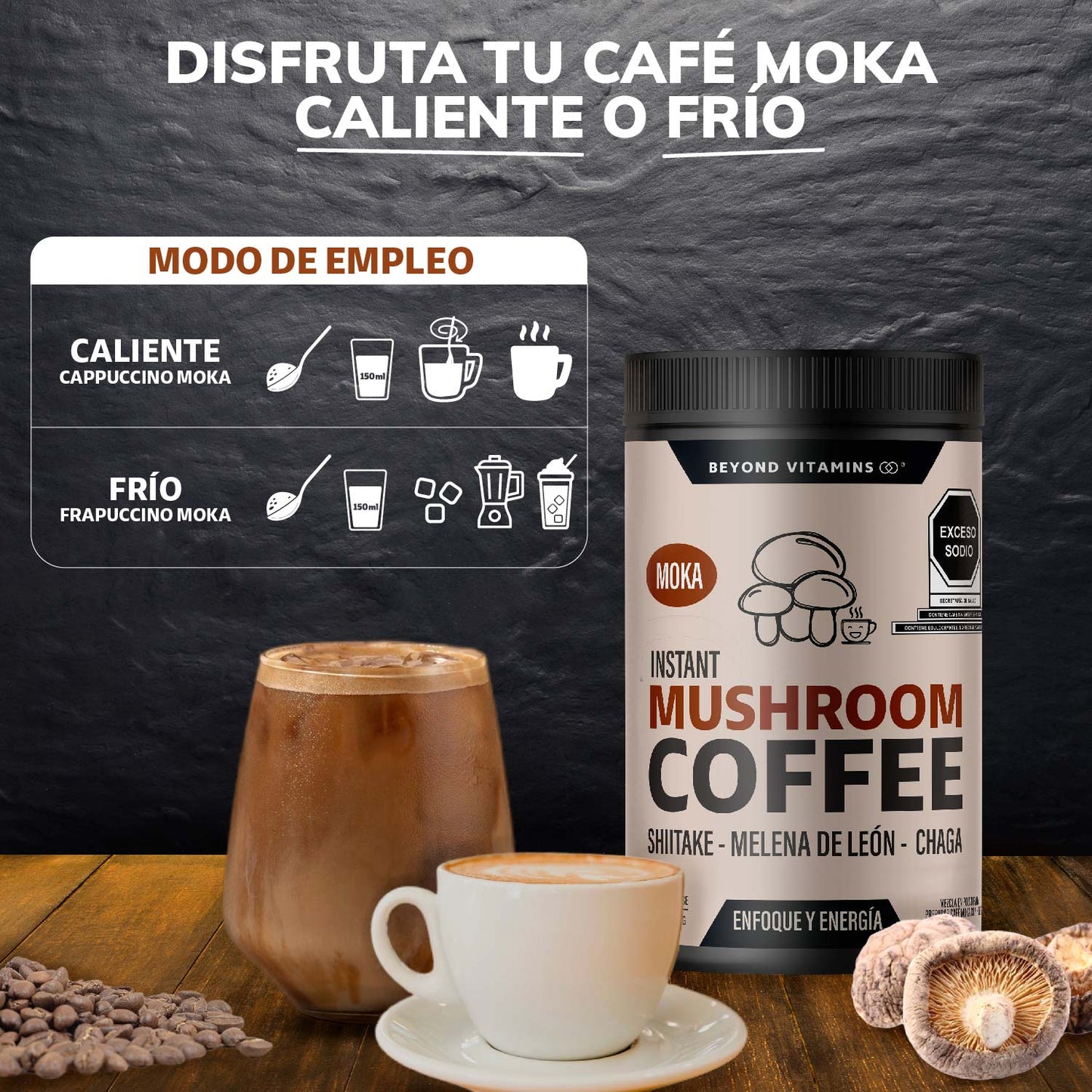 Café Soluble con Hongos Melena de León, Shiitake y Chaga - 27 porciones - Sabor Moka