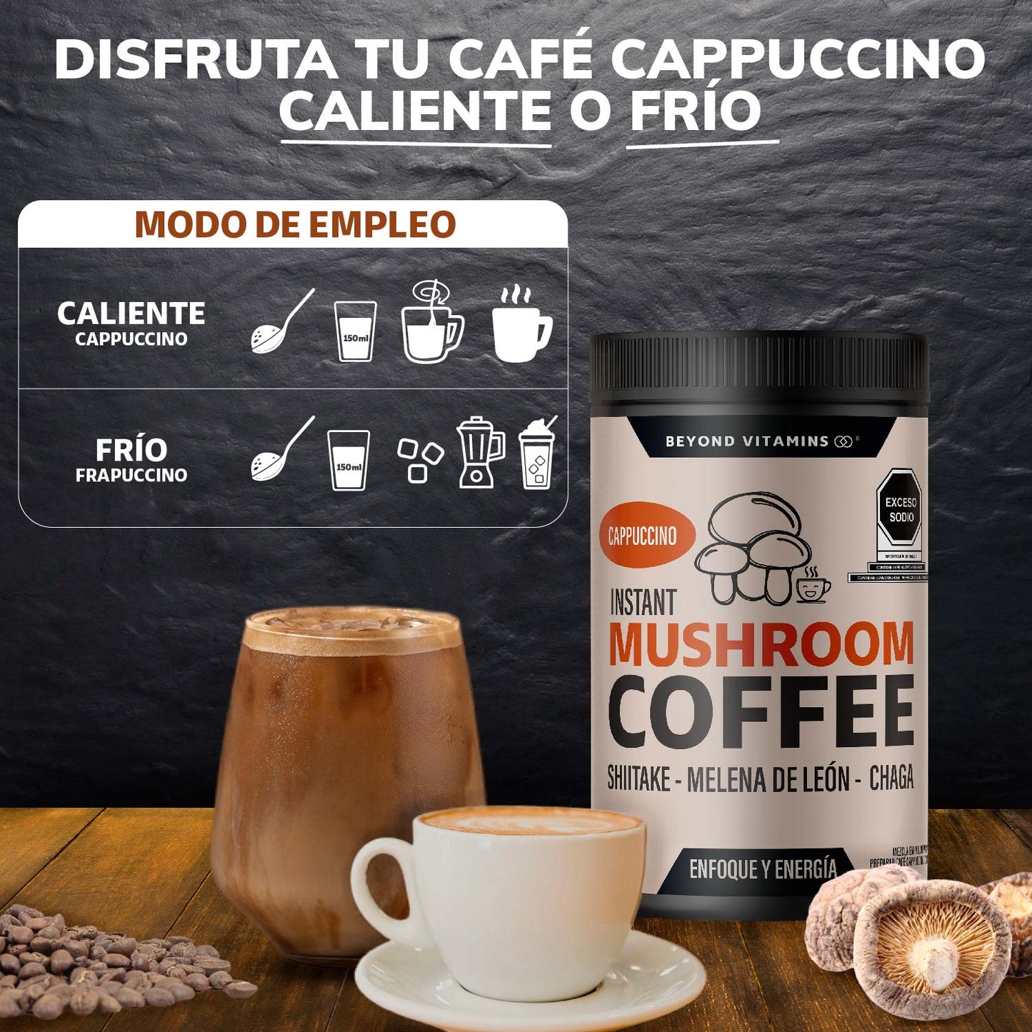 Café Soluble con Hongos Melena de León, Shiitake y Chaga - 27 porciones - Sabor Cappuccino