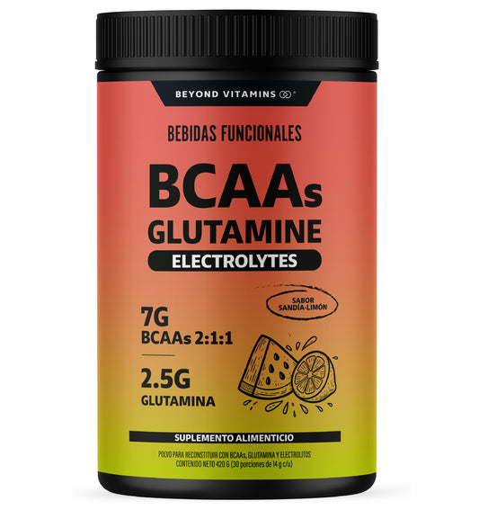 Beyond Vitamins BCAA + Glutamina + Electrolitos | 7g Aminoácidos BCAA 2:1:1 + 2.5g L-Glutamina en Polvo | Con Magnesio, Potasio, Calcio y Vitamina B6 | Sabor Sandía-Limón | 30 Servicios