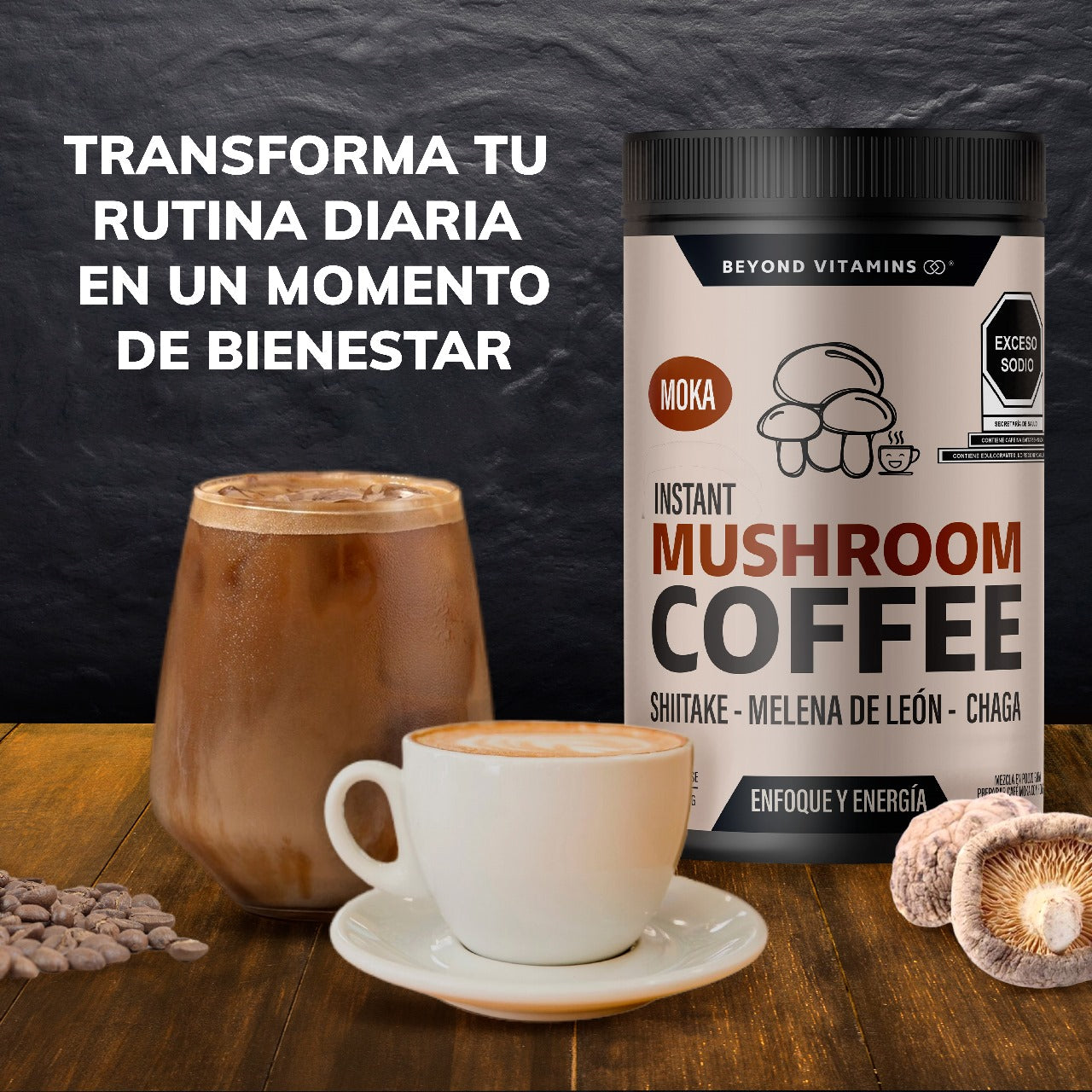 Café Soluble con Hongos Melena de León, Shiitake y Chaga - 27 porciones - Sabor Moka