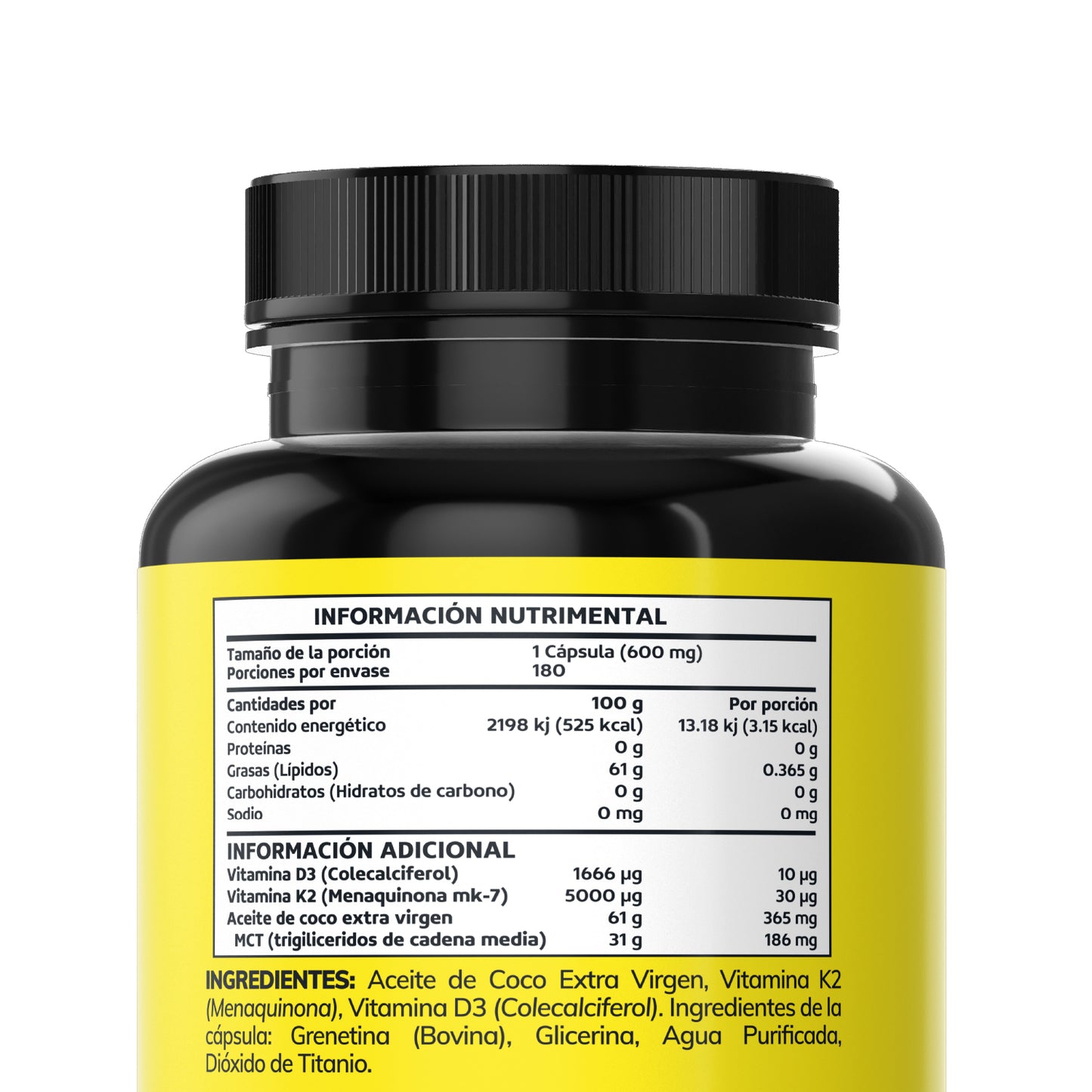 Vitamina D3 K2 | Con aceite de coco extra virgen - 180 cápsulas