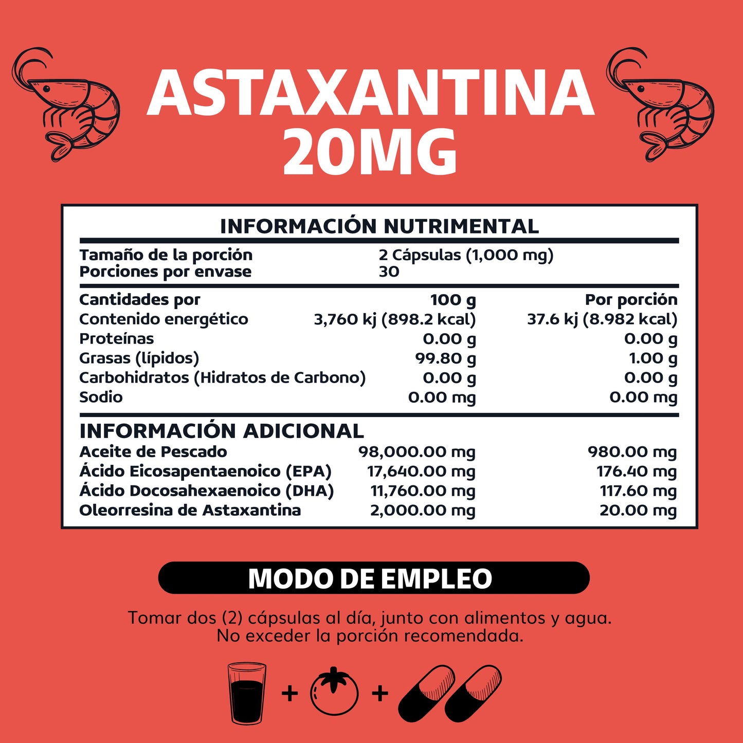 Astaxantina 20mg de Haematococcus pluvialis + Omega 3 EPA/DHA | 60 Cápsulas