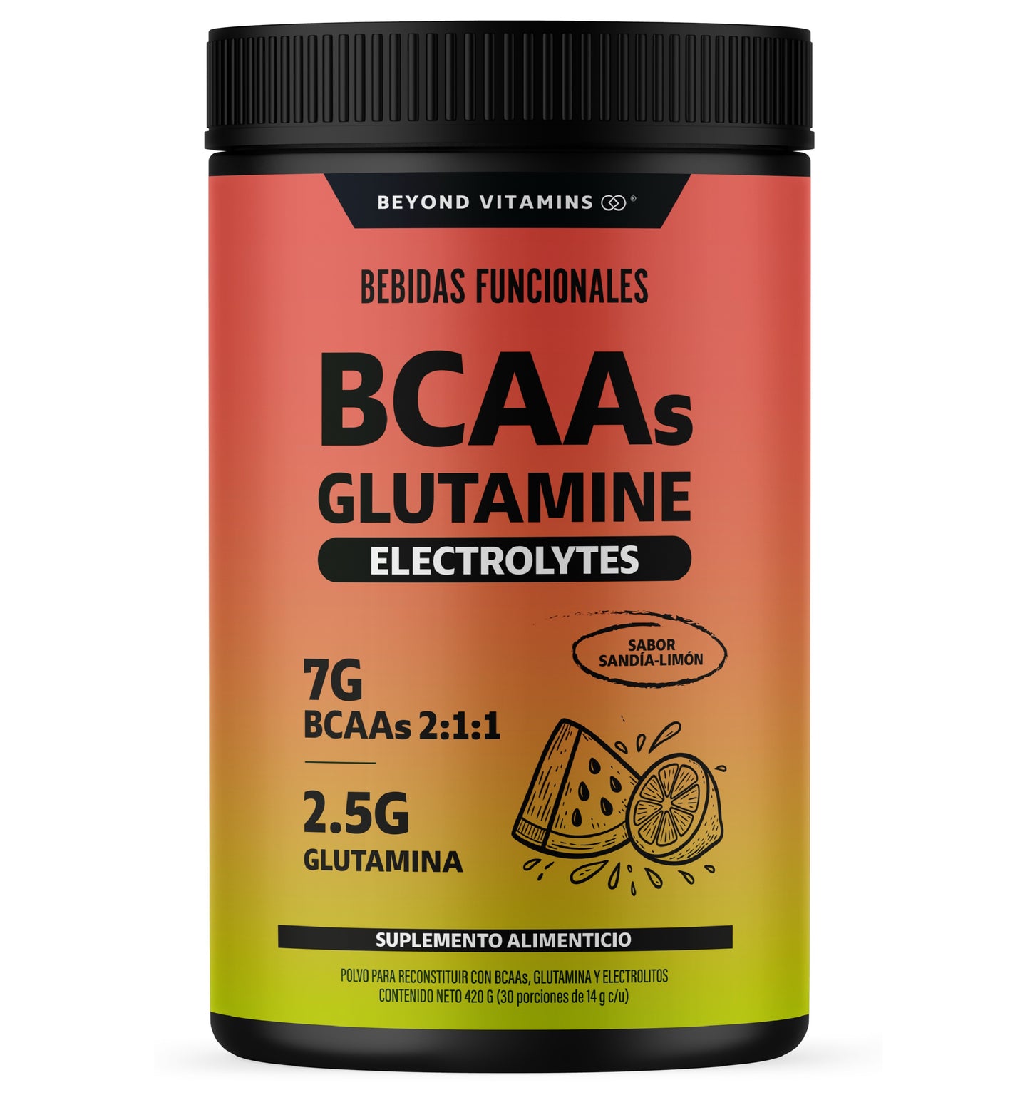 Beyond Vitamins BCAA + Glutamina + Electrolitos | 7g Aminoácidos BCAA 2:1:1 + 2.5g L-Glutamina en Polvo | Con Magnesio, Potasio, Calcio y Vitamina B6 | Sabor Sandía-Limón | 30 Servicios