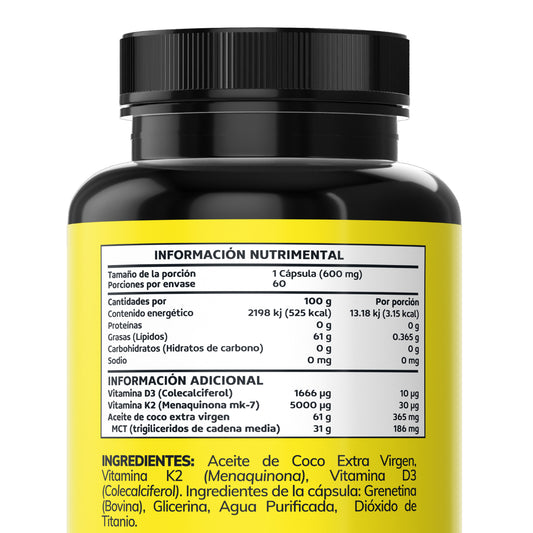 Vitamina D3 K2 | Con aceite de coco extra virgen - 60 cápsulas